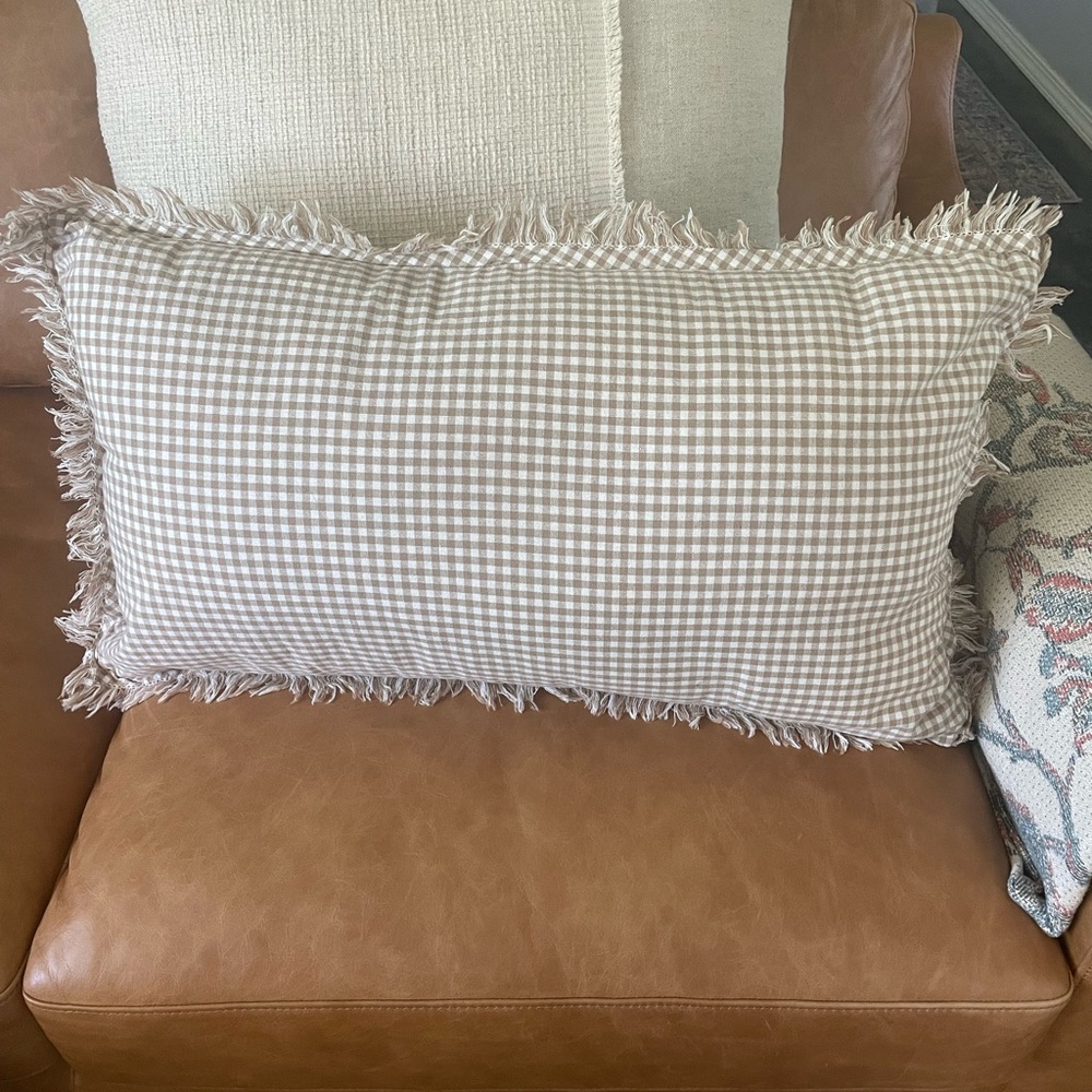 Studio McGee Oblong Gingham with hemstitch and raw edge in camel throw pillow